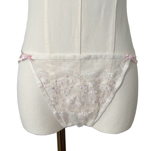 For Love And Lemons Other - For Love And Lemons Sheer White Lace Thong Panty with Pink Embroidery